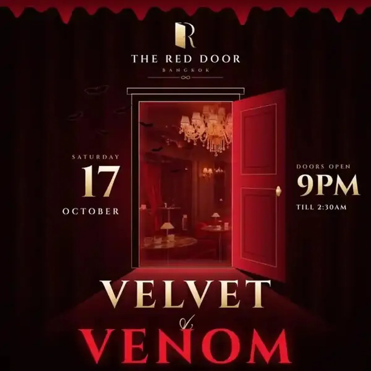 Velvet & Venom poster: an open red door into a candlelit room with a chandelier